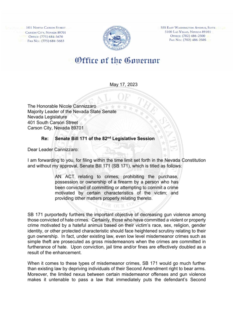 Nevada Governor Joe Lombardo's Veto Letter Against Gun Control Bills