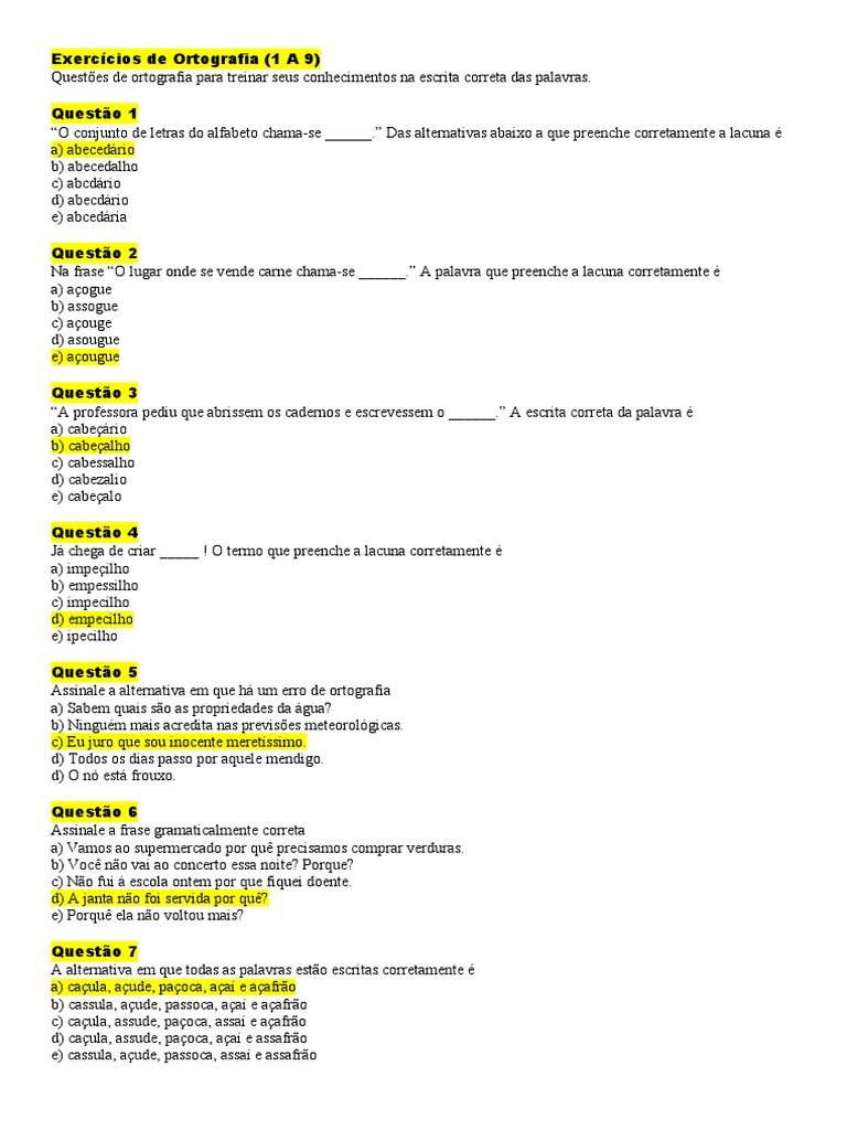 9 AULA - Exercícios de Ortografia (1 A 9) | PDF | Artes Linguísticas e ...