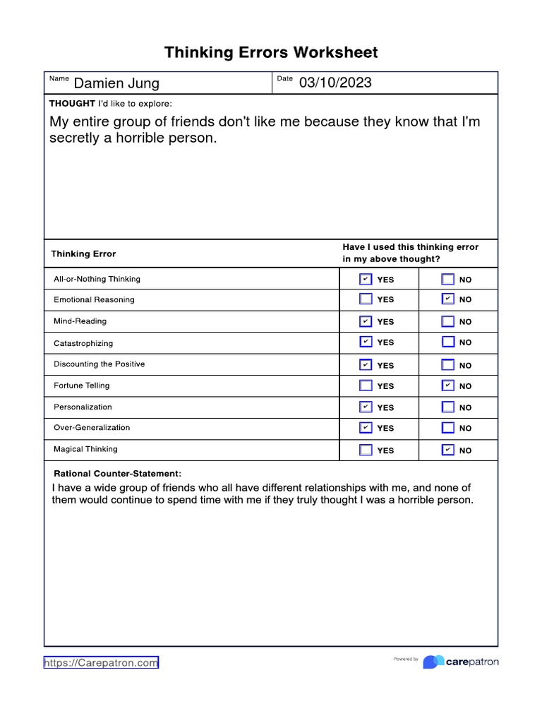 640e7a10f4f52cdaa680136b - Thinking Error Worksheet | PDF