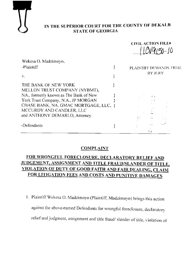 Wrongful Foreclosure Complaint GA State PDF