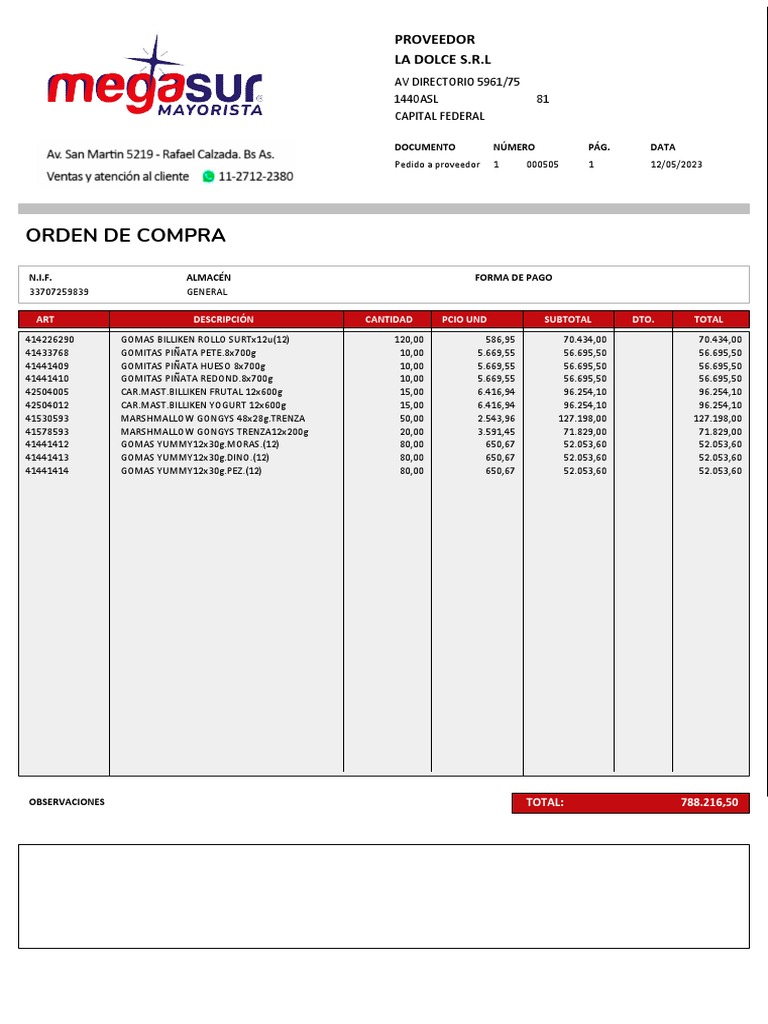 Pedido de compra a proveedor de golosinas | PDF