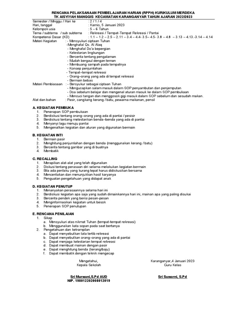 Contoh RPPH Paud | PDF