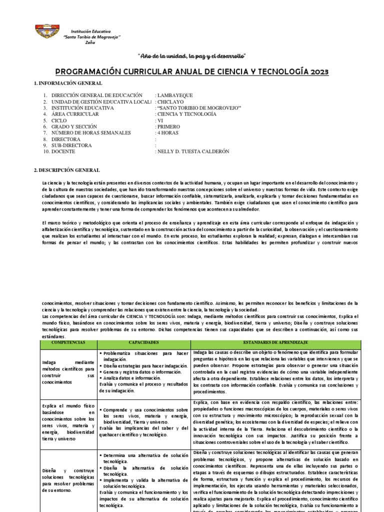 Programacion Curricular de Ciencia y Tecnologia Primer Grado 2 | PDF ...