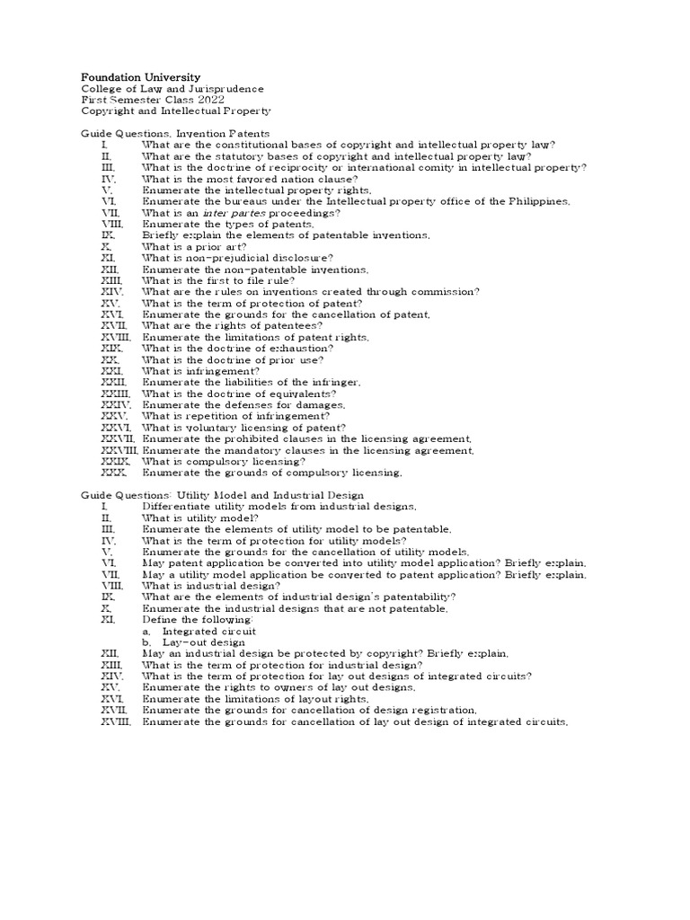 Guide Questions. Patents | PDF | Patent | Intellectual Property