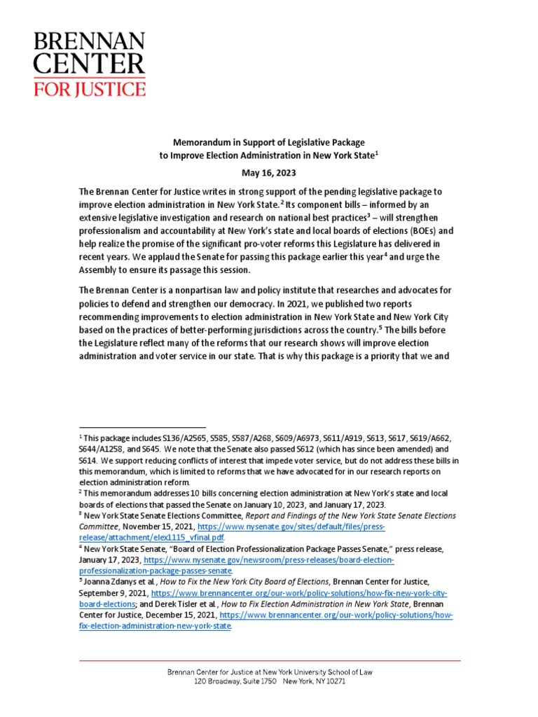 Brennan Center Memo of Support Re 2023 BOE Reform Legislative Package
