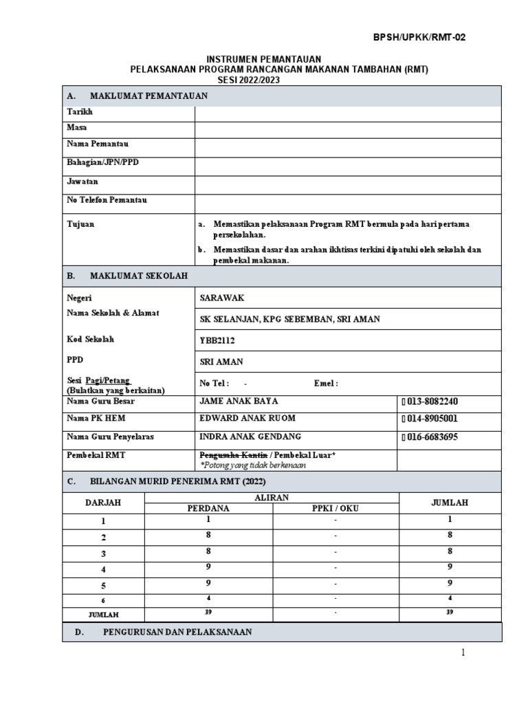 Instrumen Pemantauan RMT Sesi 2022 - 2023 | PDF