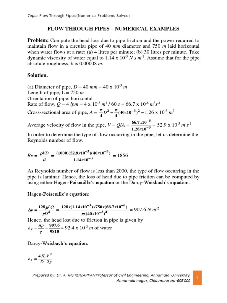 Pipe Flow Analysis and Calculations | PDF | Reynolds Number | Fluid ...