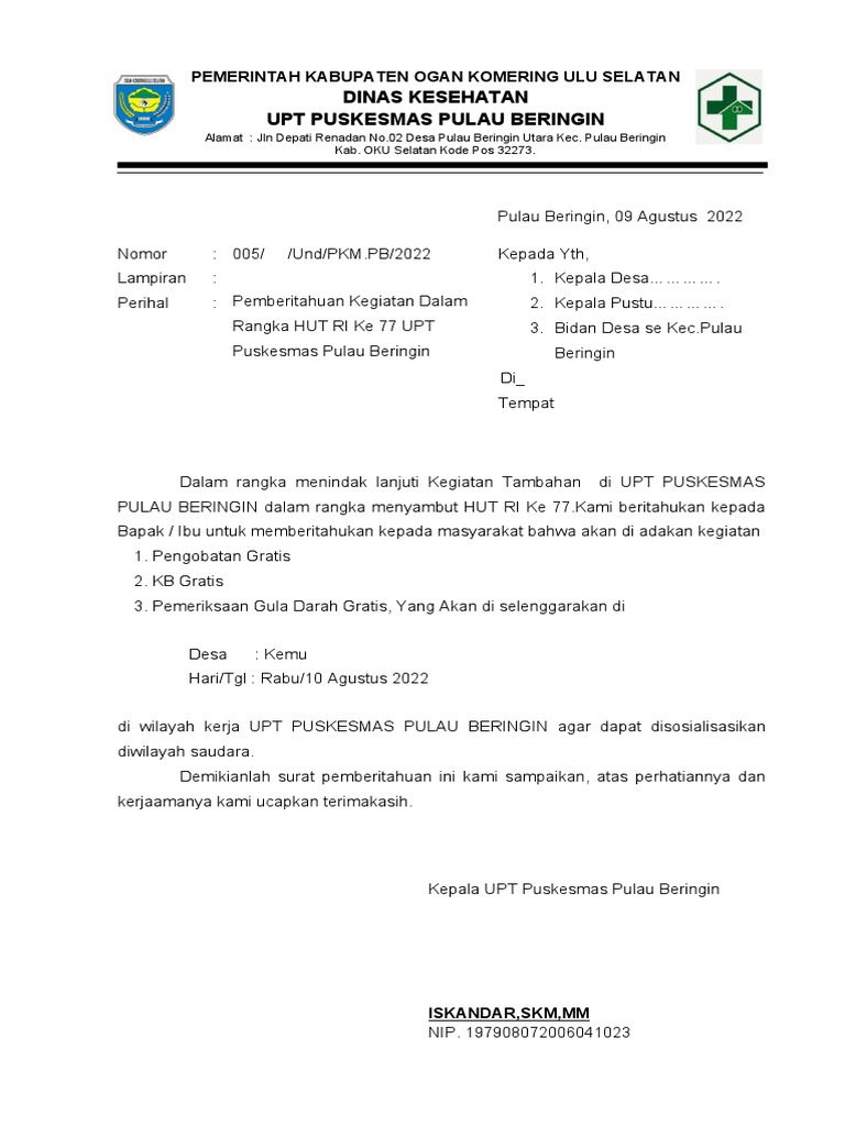 Surat Pemberitahuan Kegiatan HUT RI Ke 77 | PDF