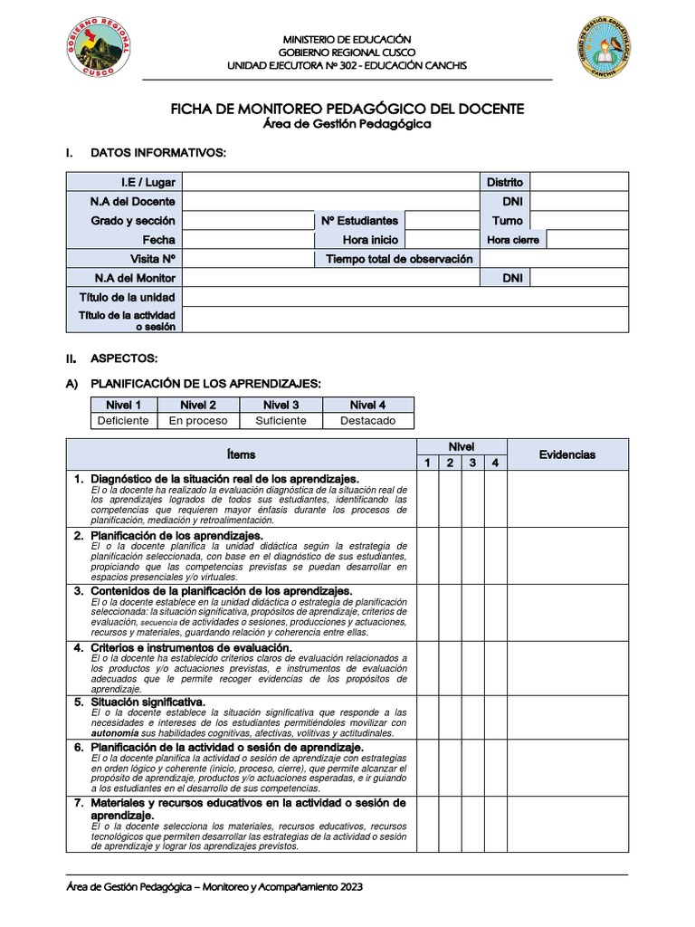 Ficha - Monitoreo Pedagógico Del Docente - AGP 2023 (Final) | PDF ...