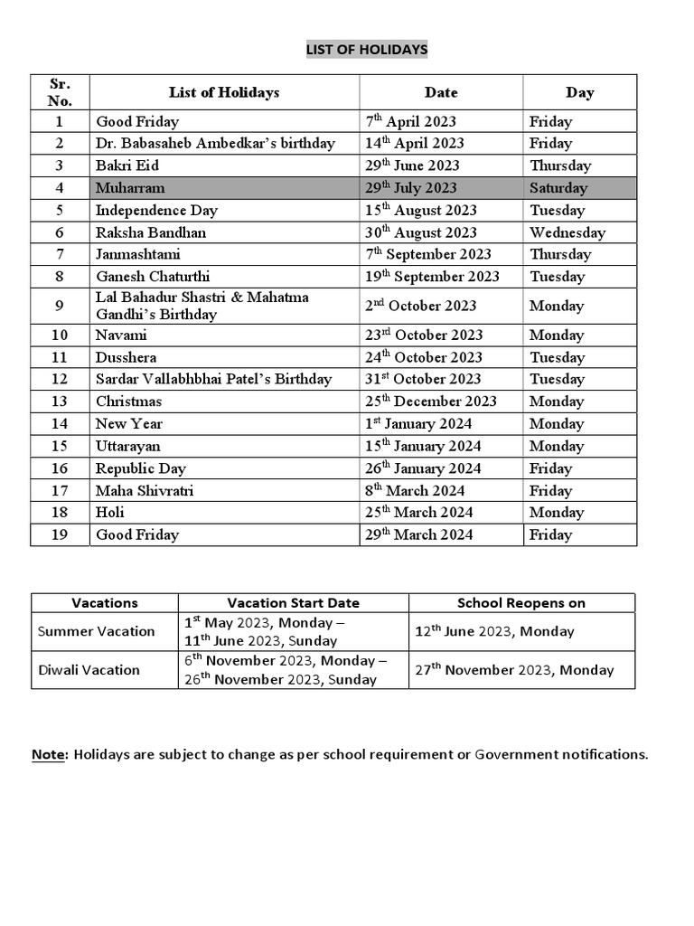 List of Holidays 2023-24 - Compressed | PDF