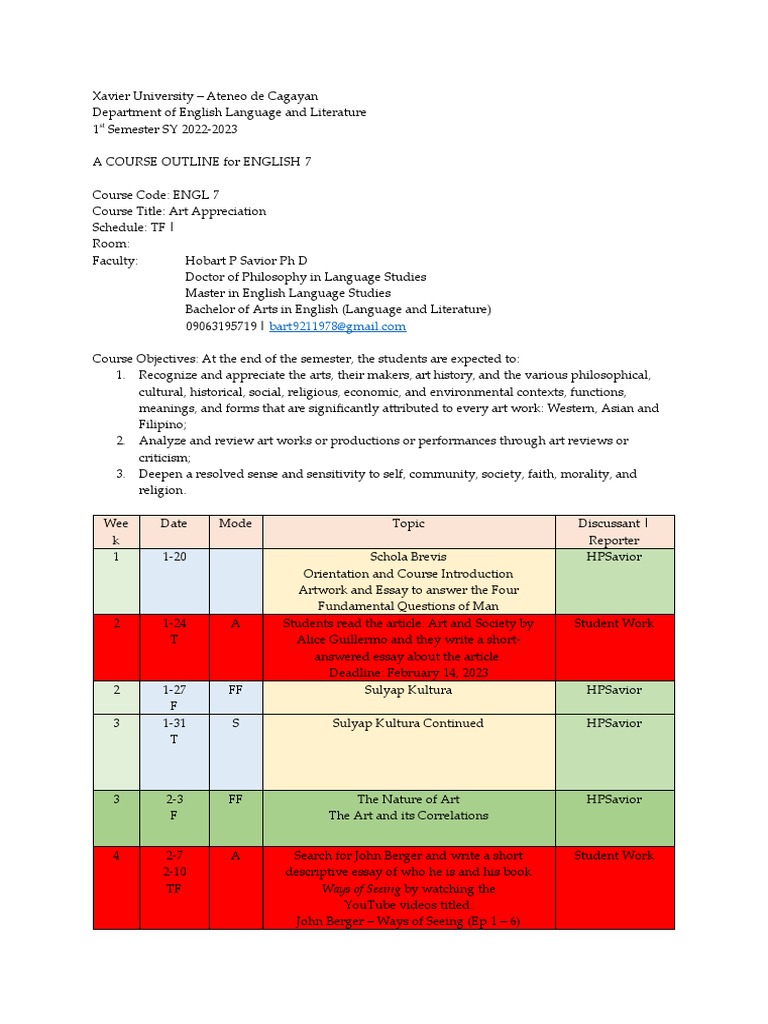 Engl 7 art appreciation course outline for tf classes 2nd sem 2022 2023