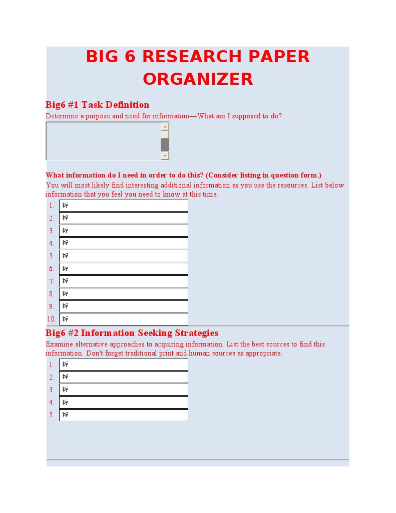Big6 research paper organizer image