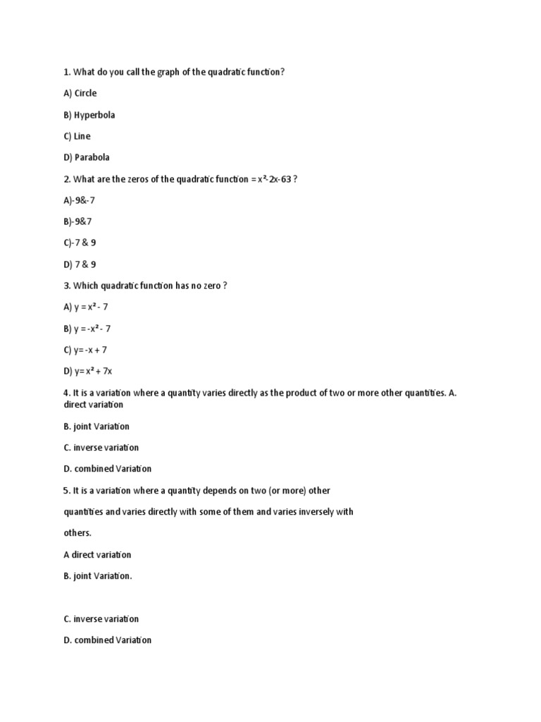 Math Quiz for High School Students | PDF | Quadratic Equation ...