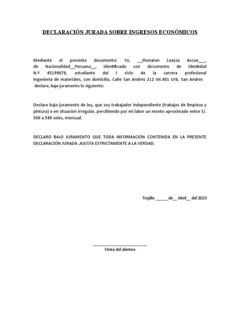 Declaración Jurada Sobre Ingresos Económicos 1 | PDF