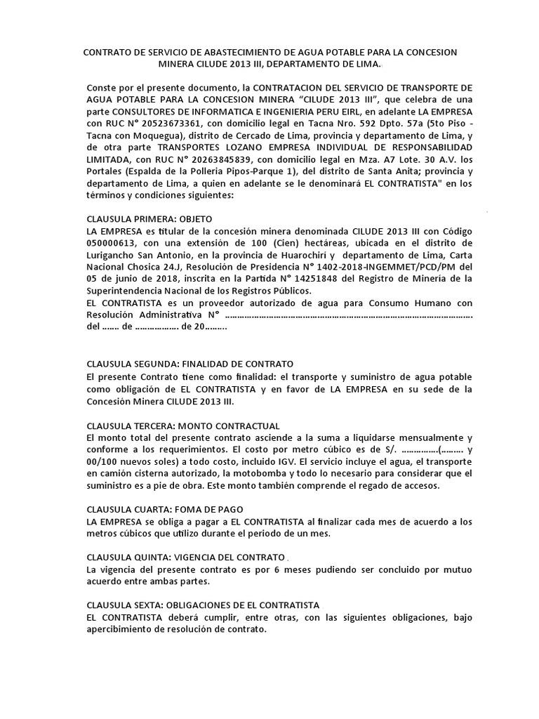 Contrato de Suministro de Agua Potable | PDF | Negocios