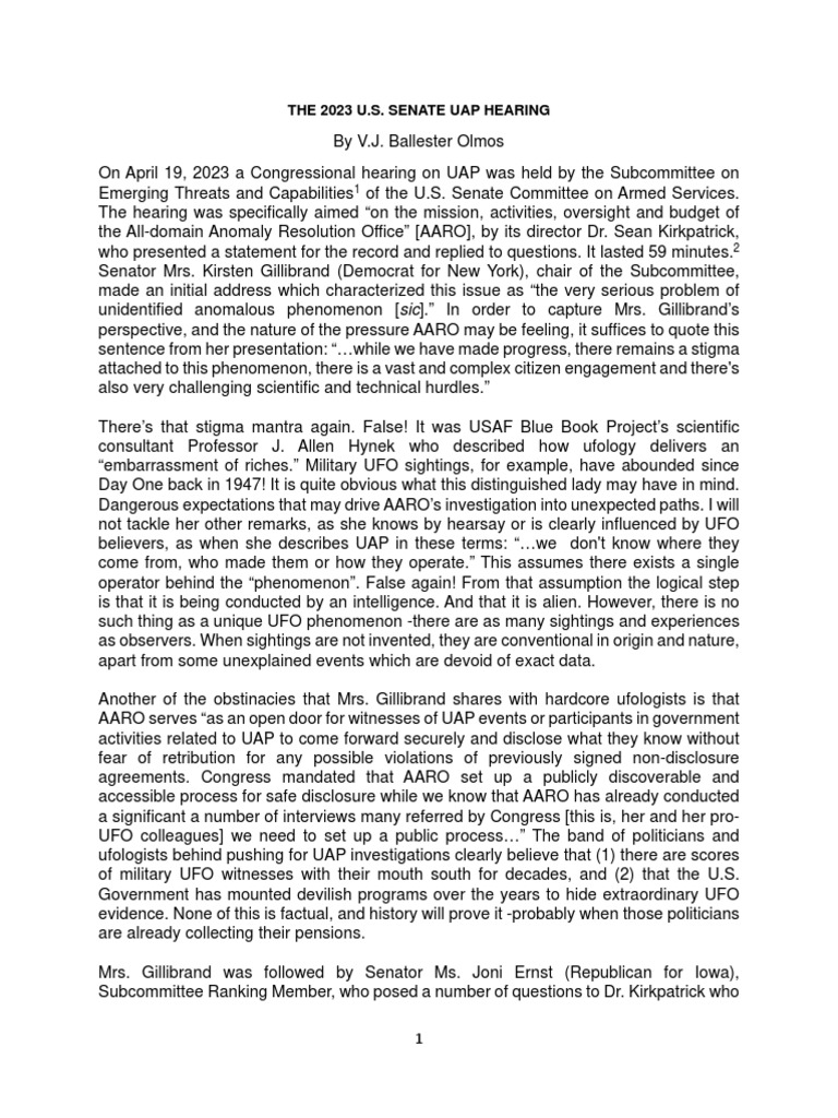 The 2023 U S Senate UAP Hearing PDF Unidentified Flying Object
