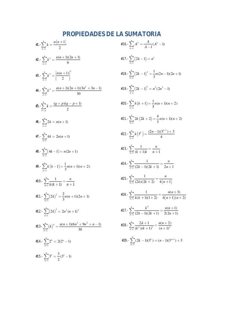 Tablas Propiedades Sumatorias | PDF