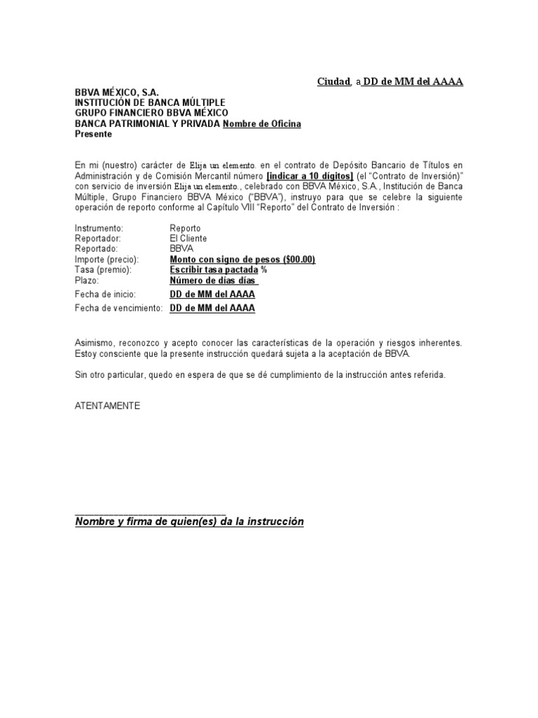 Instrucción de Reporto Financiero BBVA | PDF