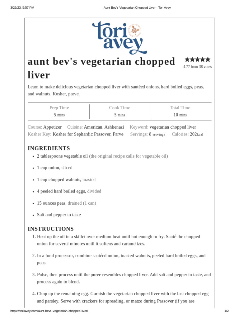 Aunt Bev's Vegetarian Chopped Liver - Tori Avey | PDF | Vegetarianism ...