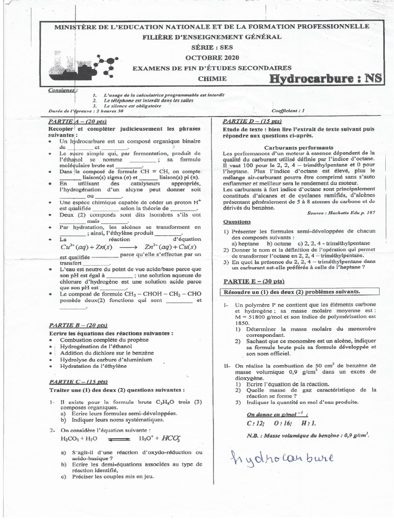 Examen Chimie ns4 | PDF