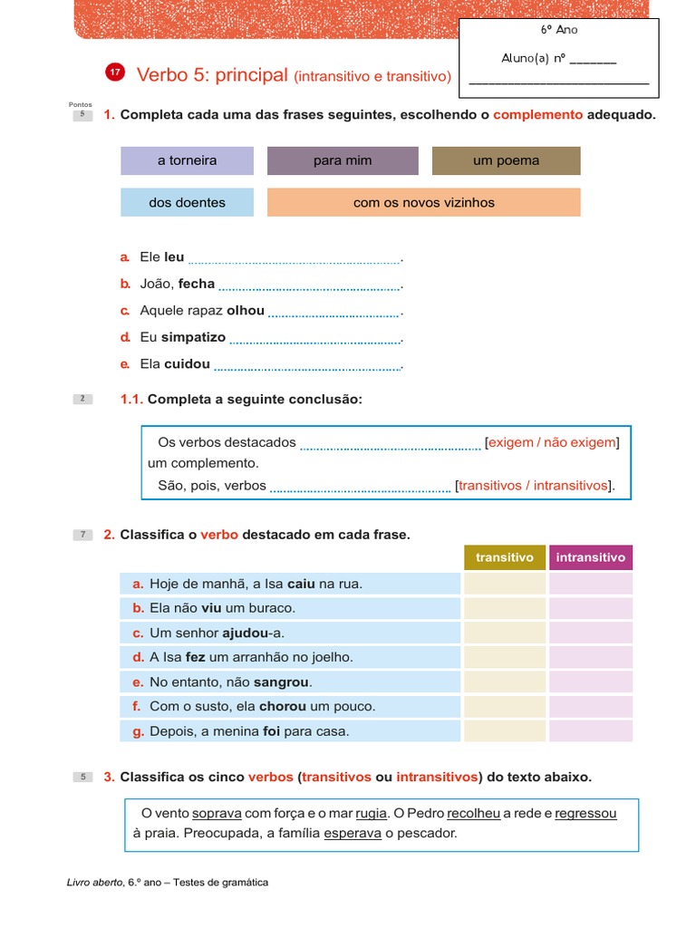 Exercícios sobre Verbos Transitivos e Intransitivos | PDF
