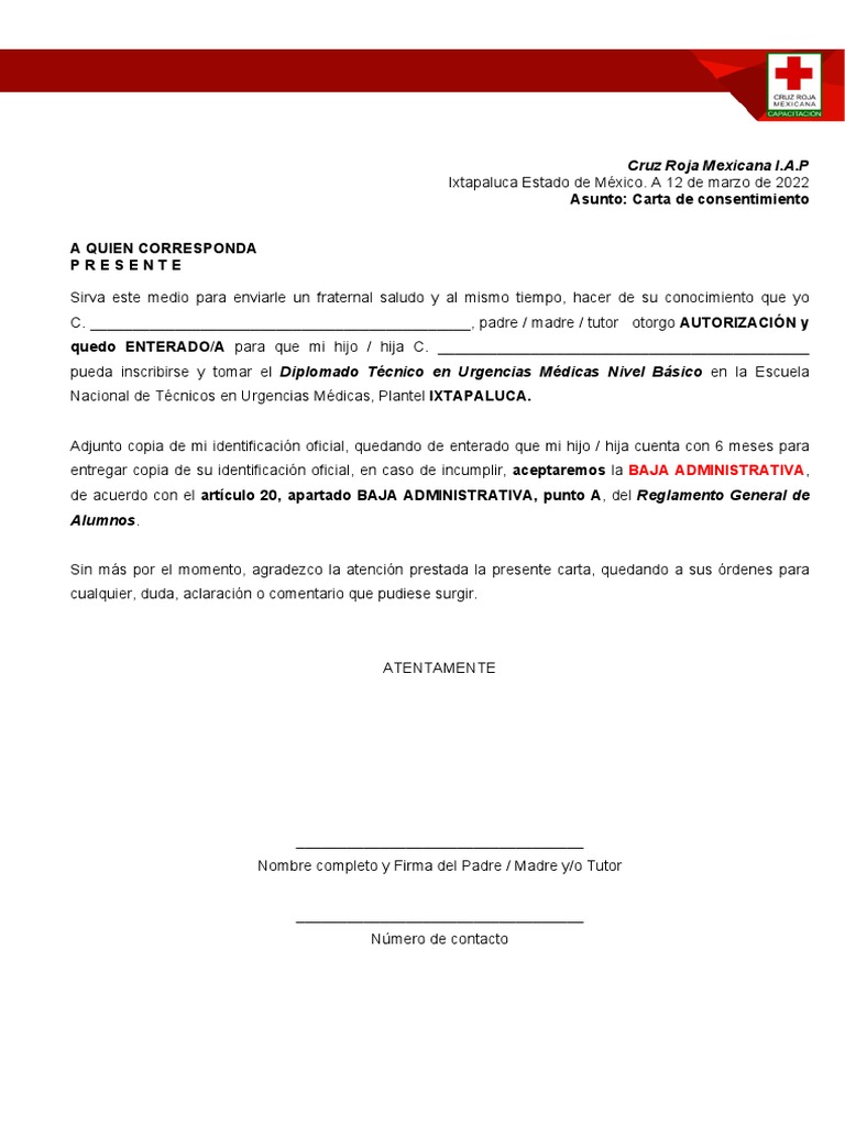 Carta De Autorización Para Menores De Edad Tum B Pdf