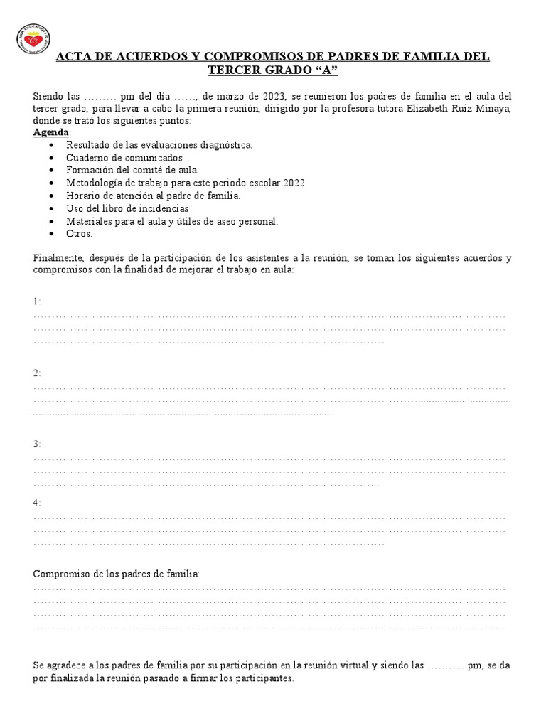 Acta de Acuerdos y Compromisos de Padres de Familia Del Tercer Grado | PDF