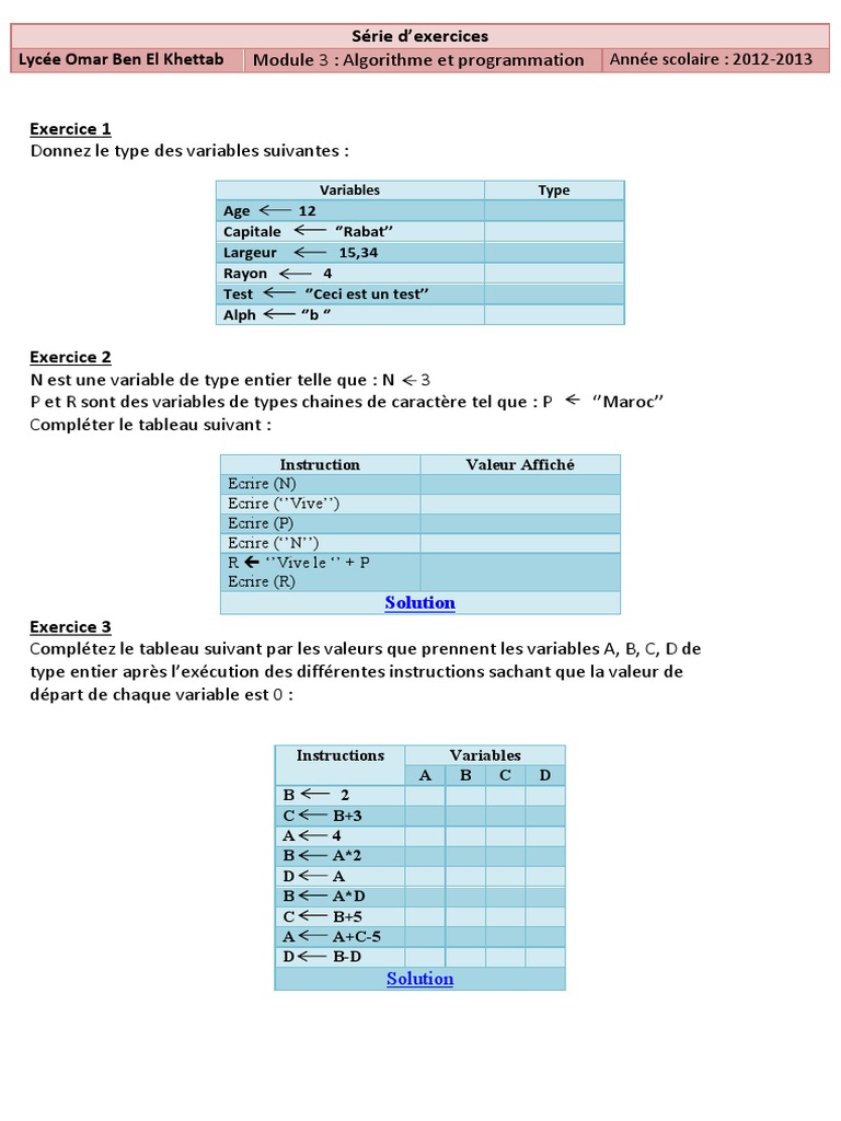 Exercices de Programmation Variables | PDF