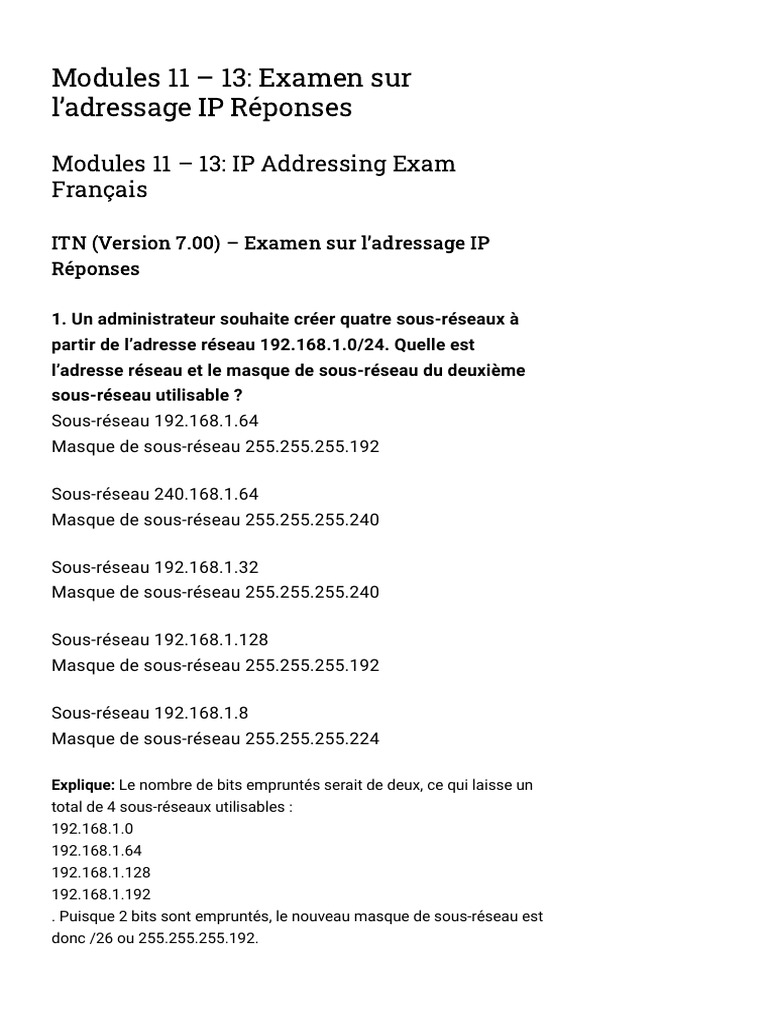 Examen sur l'adressage IP et IPv6 | PDF | I Pv6 | Adresse IP