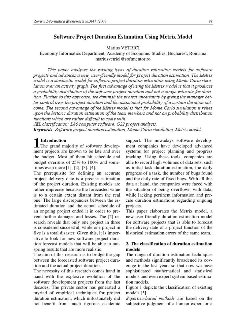 Metrix Model for Software Duration Estimation | PDF | Software ...