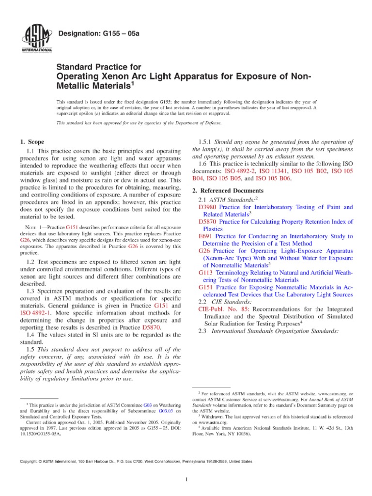 ASTM G 15505a Standard Practice For Operating Xenon Arc Light