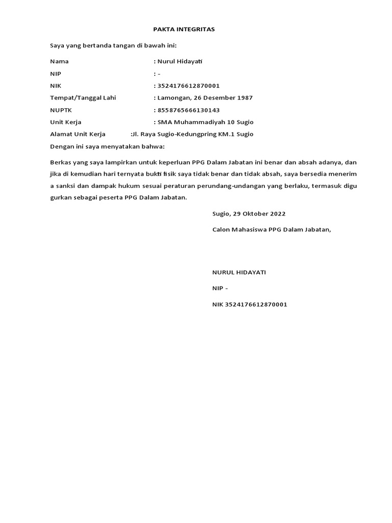 Template Pakta Integritas Ppg 2022 Pdf