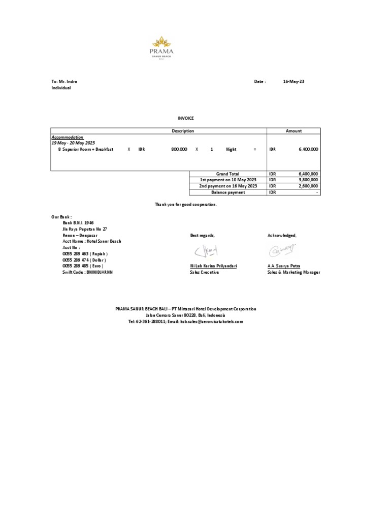 Hotel Sanur Beach Invoice Details | PDF