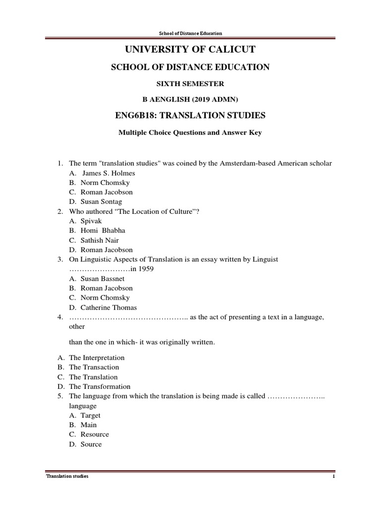 Translation Studies MCQs and Answers | PDF | Translations | Linguistics