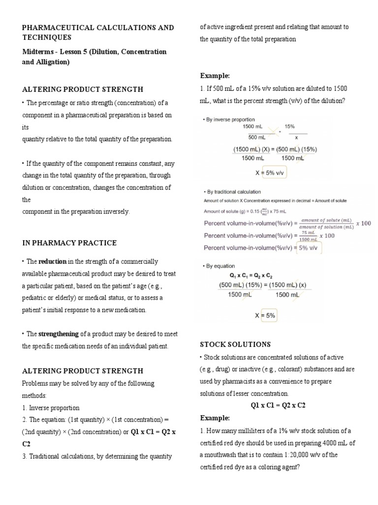 PHCL Midterms Lesson 5 (Dilution, Concentration and Alligation) PDF