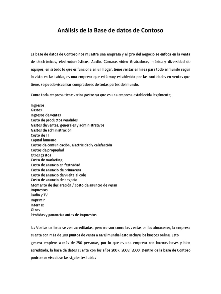 Análisis de Ventas y Gastos en Contoso | PDF