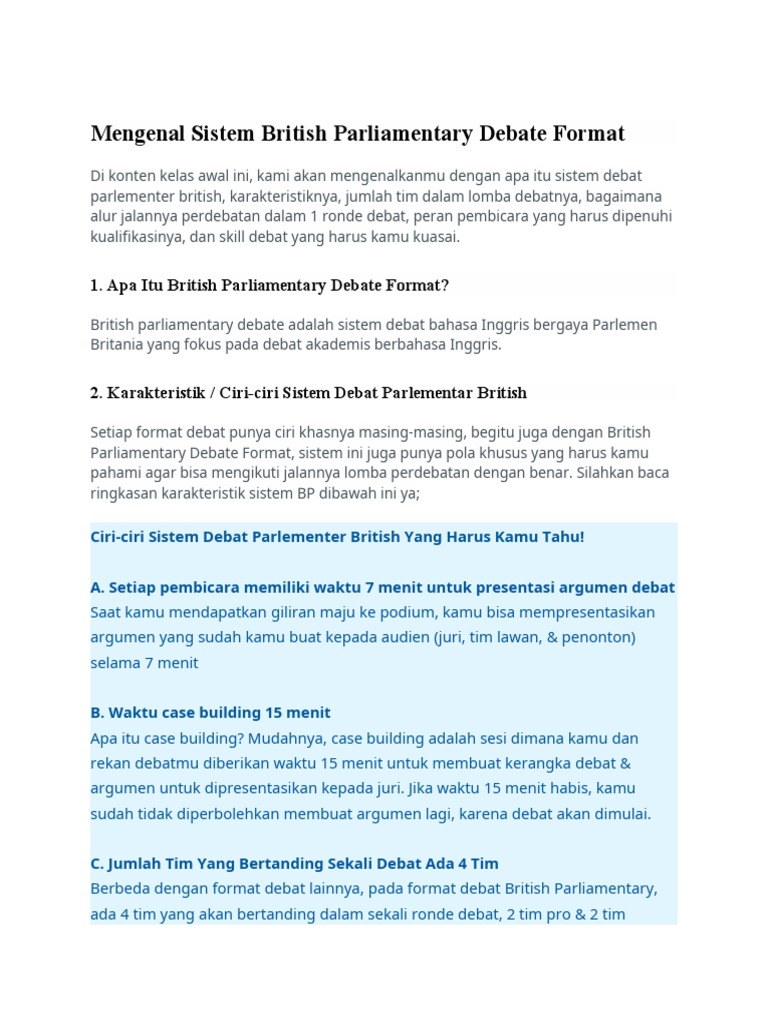 Mengenal Sistem British Parliamentary Debate Format | PDF