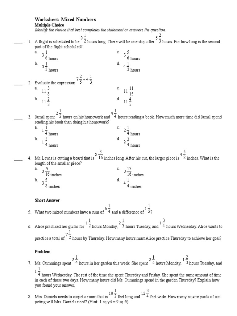 Worksheet Mixed Numbers | PDF