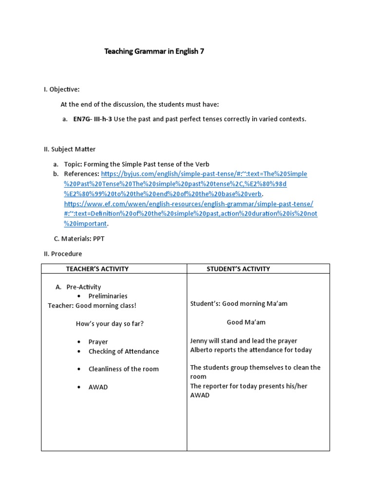 Detailed Lesson Plan in English 7 Jowana | PDF | Grammatical Tense | Verb