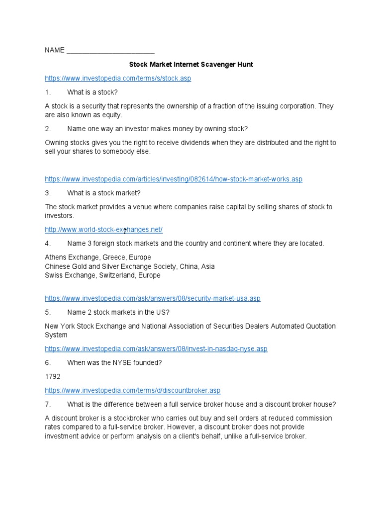 Stock Market Scavenger Hunt BRH PDF Stocks Stock Market