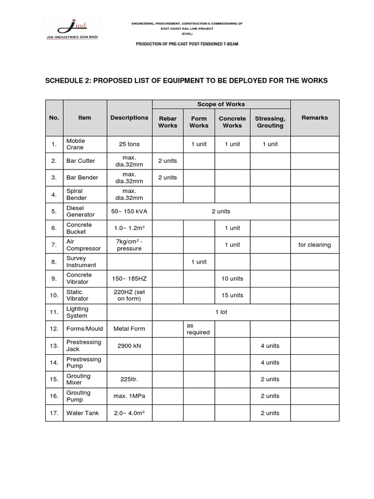 ECRL Project Equipment List for T-Beams | PDF | Technology & Engineering