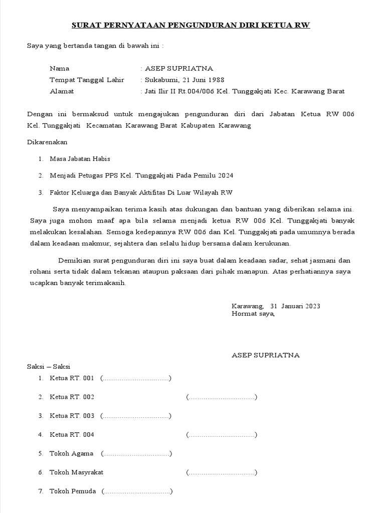 PDF Surat Pengunduran Diri RW | PDF