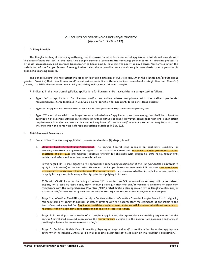 BSP 2020 MORB Guidelines On Granting of LicenseAuthority (Appendix