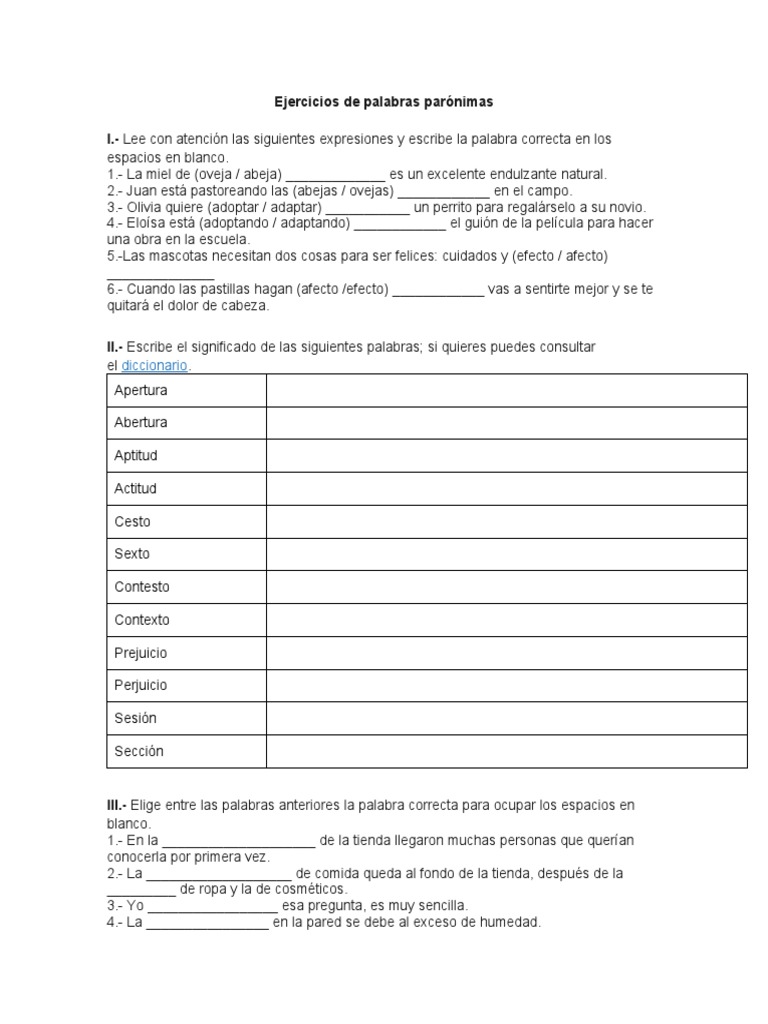 Ejercicios de Palabras Parónimas | PDF