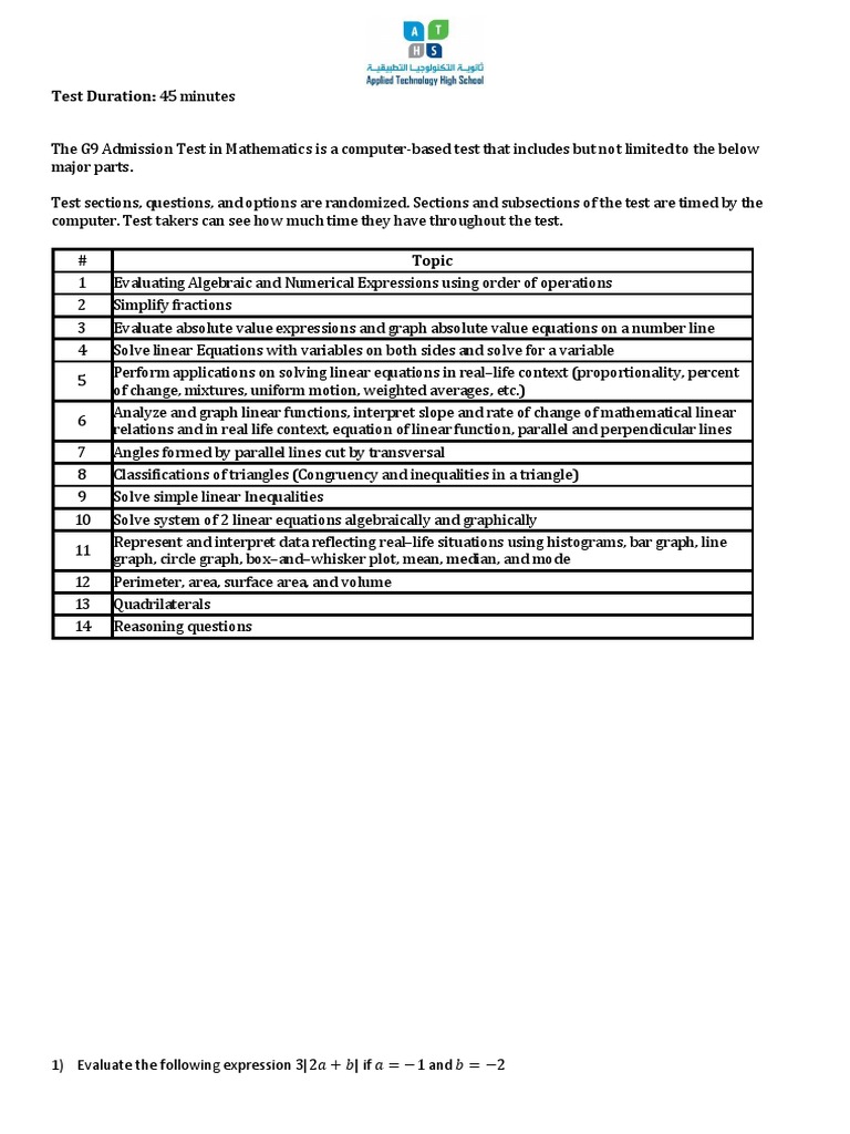 Grade 9 Math Admission Test Overview | PDF | Equations | Area
