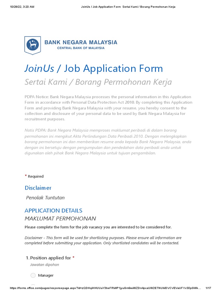 JoinUs _ Job Application Form Sertai Kami _ Borang Permohonan Kerja | PDF