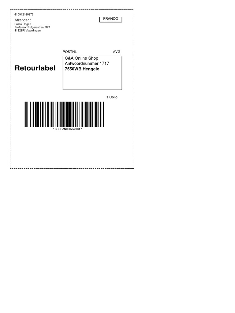 Retourlabel C&A Online Shop Antwoordnummer 1717 PDF