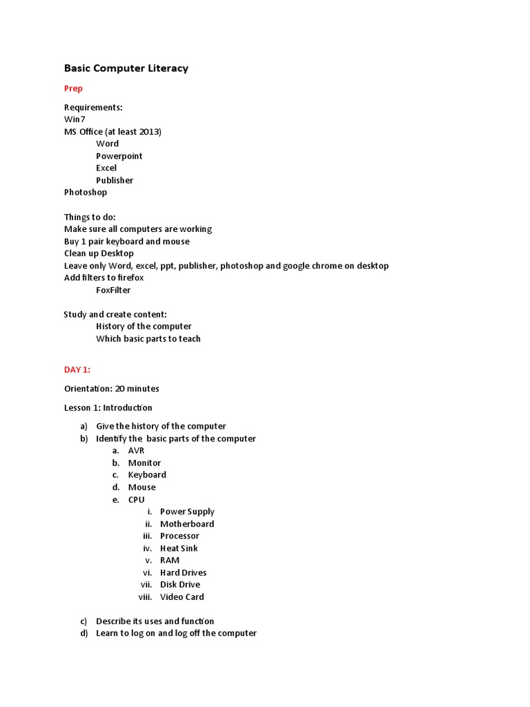 00 Basic Computer Literacy Class Outline Pdf Spreadsheet