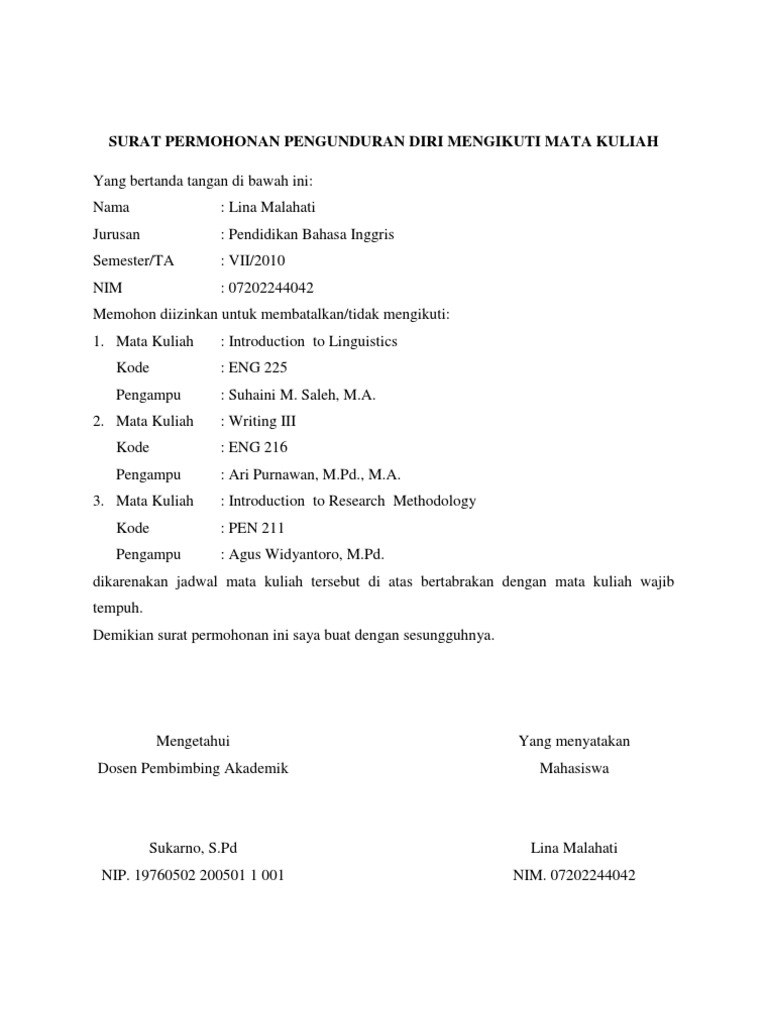 Surat An Pengunduran Diri Mengikuti Mata Kuliah Pdf