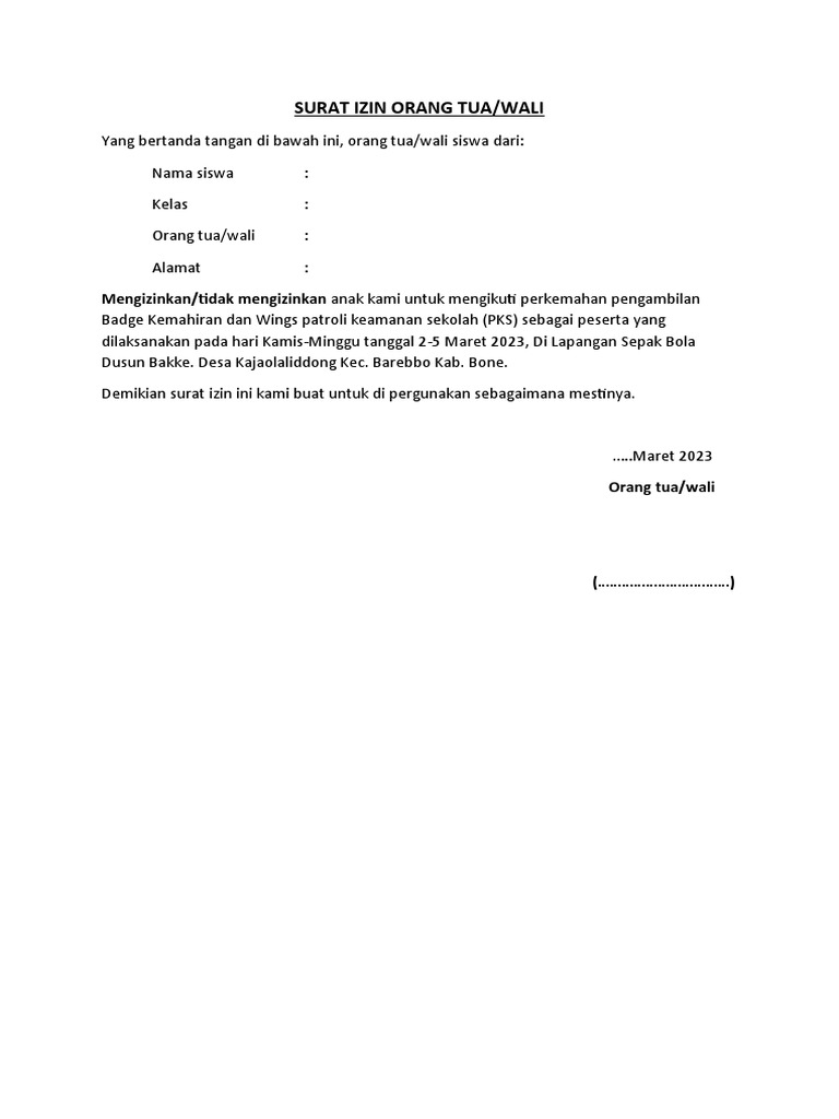Surat Izin Orang Tua | PDF